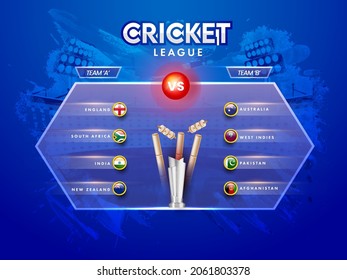 Cricket League Poster Design With Participating Team A VS B, Different Countries Flag Badge And 3D Silver Trophy Cup On Blue Brush Stroke Stadium Background.