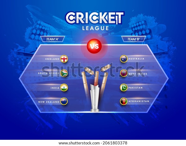 Cricket League Poster Design With\
Participating Team A VS B, Different Countries Flag Badge And 3D\
Silver Trophy Cup On Blue Brush Stroke Stadium\
Background.