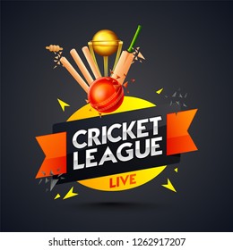 Cricket-League-Vorlage oder Poster-Design mit Cricket-Batt, Ball und Stumps auf schwarzem Hintergrund.