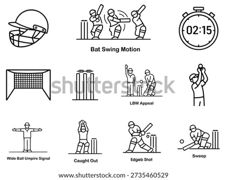 Cricket Line Icons Set Bat Swing Motion, LBW Appeal, Wide Ball Signal, Caught Out and Sweep Shot Outline
