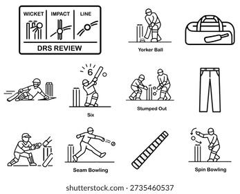 Cricket Line Icons Set DRS Review, Yorker Ball, Spin Bowling, Seam Delivery, Six Shot and Match Equipment Outline
