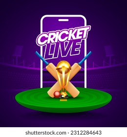 Cricket Live Concpet header or banner with winning trophy, Bat, Ball and stumps on stadium background.