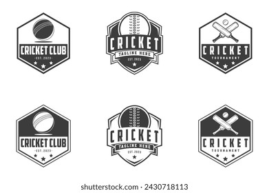 Cricket Logo Badge emblem, cricket team sport design, sticks and cricket ball vector monochrome style