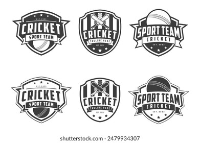 Cricket Logo Badge emblem, cricket team sport design, sticks and cricket ball vector monochrome style