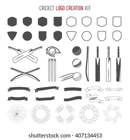 Cricket logo creation kit. Sports logo designs. Cricket icons vector set. Create your own emblem design fast. Sports symbols, elements - ball, bats, shapes, cricket gear, equipment for web or t-shirt.