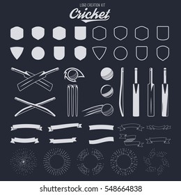 Cricket logo creation kit. Sports logo designs. Cricket icons vector set. Create your own emblem design fast. Sports symbols, elements - ball, bats, shapes, gear, equipment for web or t-shirt