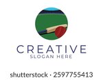 Cricket logo design featuring a bat and ball on a green field stadium background. Perfect for sports
