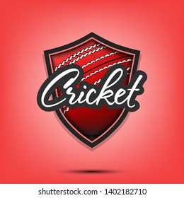 Cricket logo design template. Cricket emblem pattern. Cricket ball and shield with vintage lettering on an isolated background. Print on t-shirt graphics. Vector illustration