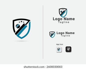 A cricket logo design template with a shield. Cricket logo design with bat ball and star. Cricket shop logo design with white background. Sports company design vector. 