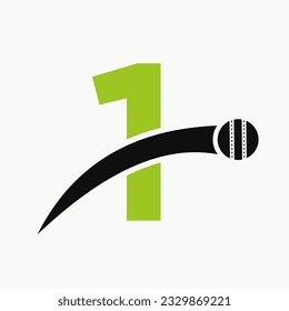 Cricket Logo On Letter 1 With Moving Cricket Ball Icon. Cricket Ball Logo Template