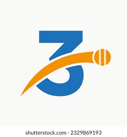 Cricket Logo On Letter 3 With Moving Cricket Ball Icon. Cricket Ball Logo Template
