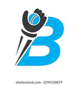 Cricket Logo On Letter B Concept With Speed Sign, Hand And Cricket Ball Symbol Vector And Template