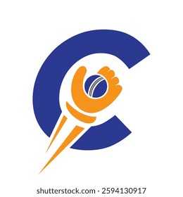 Cricket Logo On Letter C Concept With Speed Sign, Hand And Cricket Ball Symbol Vector And Template