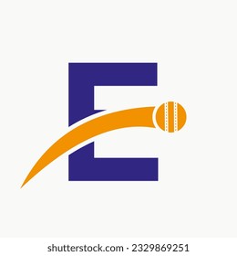 Cricket Logo On Letter E With Moving Cricket Ball Icon. Cricket Ball Logo Template