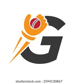 Cricket Logo On Letter G Concept With Speed Sign, Hand And Cricket Ball Symbol Vector And Template