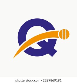 Cricket Logo On Letter Q With Moving Cricket Ball Icon. Cricket Ball Logo Template