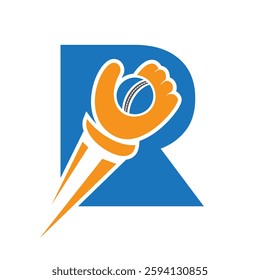 Cricket Logo On Letter R Concept With Speed Sign, Hand And Cricket Ball Symbol Vector And Template