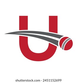 Cricket Logo On Letter U Concept With Moving Cricket Ball Symbol. Cricket Sign