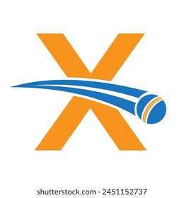 Cricket Logo On Letter X Concept With Moving Cricket Ball Symbol. Cricket Sign