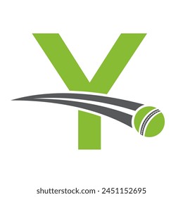 Cricket Logo On Letter Y Concept With Moving Cricket Ball Symbol. Cricket Sign