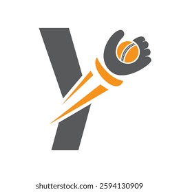 Cricket Logo On Letter Y Concept With Speed Sign, Hand And Cricket Ball Symbol Vector And Template