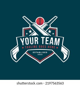 Cricket logo, cricket team sport emblem badge design on dark background.