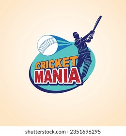 Cricket mania text design and typography vector illustration on the yellow background. Sports logo with cricketer.