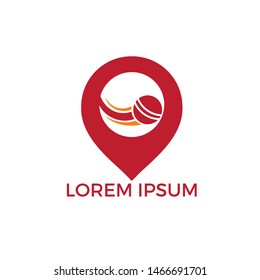 Cricket and map pointer logo design. Game and GPS locator symbol or icon. Unique ball and pin logotype design template.