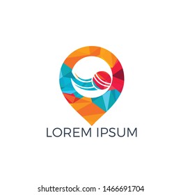 Cricket and map pointer logo design. Game and GPS locator symbol or icon. Unique ball and pin logotype design template.