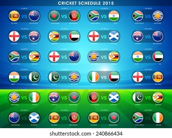 Cricket match 2015 schedule with countries flags on blue and green background.