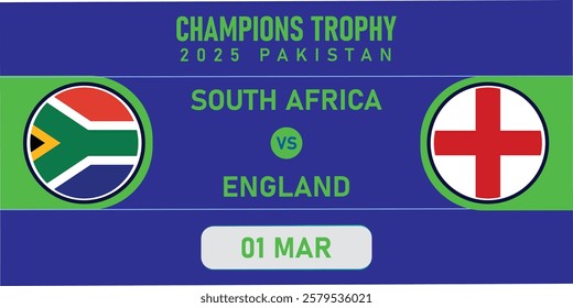 Cricket match banner poster vector art design. champion trophy 2025 event new concepts competition south vs England big clash. blue background championship. eps format.  