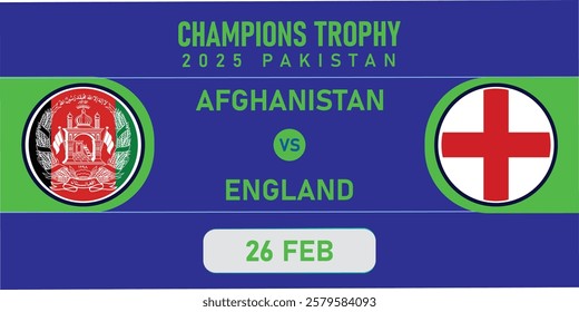 Cricket match banner poster vector art design. champion trophy 2025 event new concepts competition Afghanistan vs England big clash. blue background championship. eps format.  