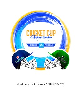 Cricket-Wettkampf zwischen England und Pakistan mit Illustration von Cricket-Kleiderhelmen auf abstraktem Hintergrund für Cricket-Championship-Banner oder Poster-Design.