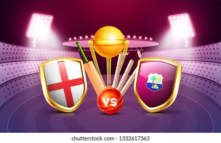 Cricket match between England vs West indies with illustration of country flag shields, cricket bat, ball and champion trophy on night stadium background. 