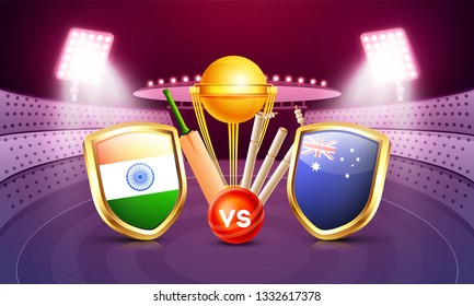 Cricket Match Between India Vs Australia With Country Flag Shields And Cricket Equipments On Night Stadium View Background.