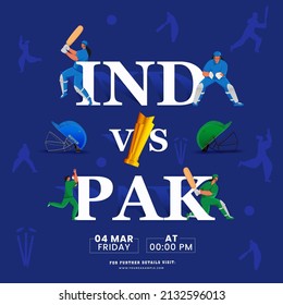 Cricket Match Between India VS Pakistan With Female Players Team, Attire Helmets And Golden Winning Trophy Cup On Blue Background.