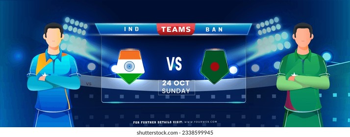 Cricket Match Between India VS Bangladesh Team with Faceless Cricket Players on Blue Stadium Lighting Background.