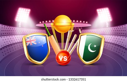 Cricket match between New Zealand vs Pakistan with illustration of country flag shields, golden trophy, cricket bat and ball illustration on night stadium view background.  