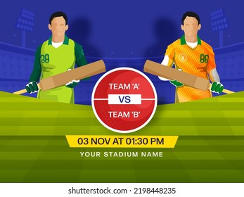 Cricket Match Between Team A VS B (Pakistan VS South Africa) With Faceless Cricketer Players On Green And Blue Stadium Background.