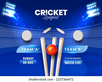 Cricket Match Between Team A VS B With Empty Round Badge Or Frame And Realistic Red Ball Hitting Wicket Stump On Blue Stadium Background.