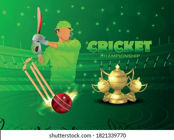 Cricket Match concept with stadium, batsman playing cricket championship and Background.