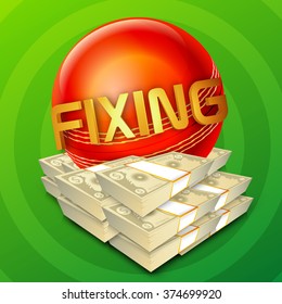 Cricket Match Fixing Concept With Illustration Of Glossy Ball And Bundle Of Dollars On Green Background.