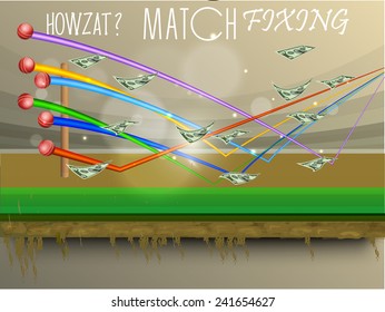 Cricket Match Fixing Concept With Red Ball Showing Shot Statistics And Dollar Notes On Stadium Background.