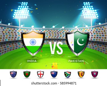 Cricket Match Participating Countries Flag Shields with India Vs Pakistan highlighted on night Stadium background.