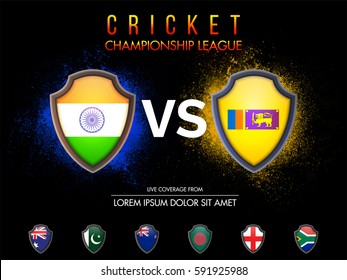 Cricket Match Participating Countries Flag Shields with India Vs Sri-Lanka highlighted on abstract background.