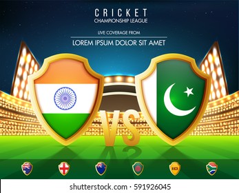 Cricket Match Participating Countries Flag Shields with India Vs Pakistan highlighted on shining Stadium background.