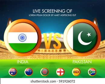 Cricket Match Participating Countries Flag in circle frame with India Vs Pakistan highlighted on stadium background.