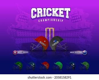 Cricket Match Participating Countries Helmets With West Indies VS New Zealand Highlighted On Purple Brush Stroke Stadium Background.