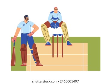 Cricket match scene. Vector illustration of players with cricket bat, helmets and suits on the sports field. Flat style characters participating in a game with isolated background.