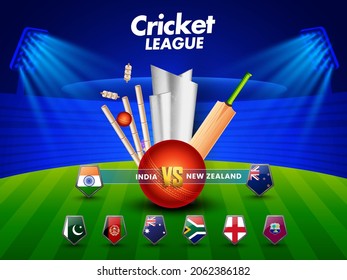 Cricket Match Schedule Between India VS New Zealand With Other Participant Countries Flag Shield, 3D Tournament Equipment And Silver Trophy Cup On Shiny Stadium Background.